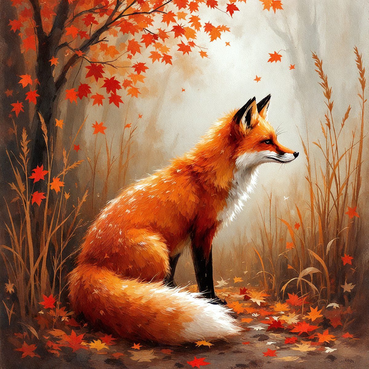 The primary subject of the image is a fox sitting in a forest. The setting is a forest with trees and leaves, creating a natural and serene atmosphere. The visual style is an illustration or painting, showcasing the fox in a detailed and artistic manner. The colors and mood are predominantly orange and brown, reflecting the autumn season and the warmth of the forest.
